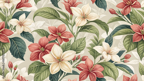 Seamless floral pattern illustration. High resolution Mussaenda flowers. Designed for printing on fabric, clothing, wallpaper.
