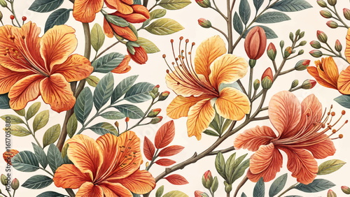 Seamless floral pattern illustration. Flame of the Forest flowers. High resolution. Designed for printing on fabric, clothing, wallpaper.
