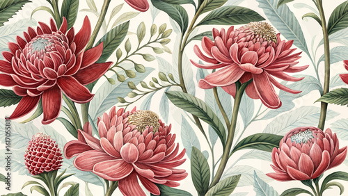 Illustration of seamless floral pattern, red, pink Etlingera elatior flowers, high resolution, designed for printing on fabric, clothing, wallpaper.