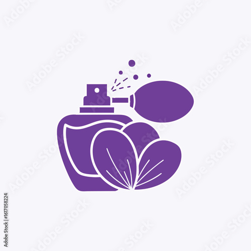 Purple perfume bottle with floral accents and mist.