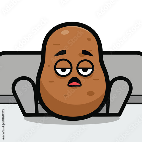 Tired cartoon potato character sitting on a grey couch with a lazy expression.