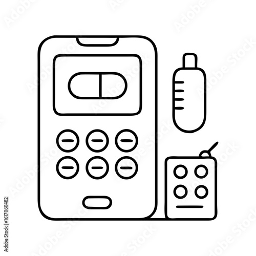 Smartphone with medicine pill on screen, remote with buttons, and thermometer illustrating medical technology. Vector icon for health app.