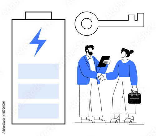 Professionals shaking hands beside battery and key, representing energy, agreement, and solutions. Ideal for business, collaboration, innovation, renewable energy, empowerment strategy partnership