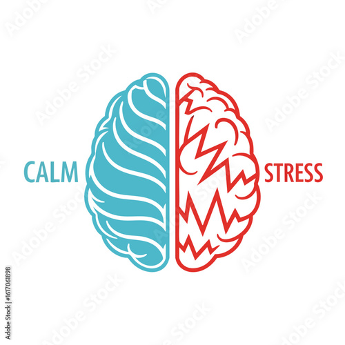 A human brain divided into two halves representing calm and stress states of mind.