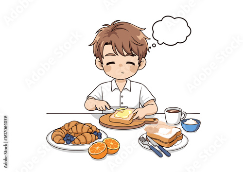 Cartoon Boy Spreading Butter on Toast at Breakfast Table with Croissants.