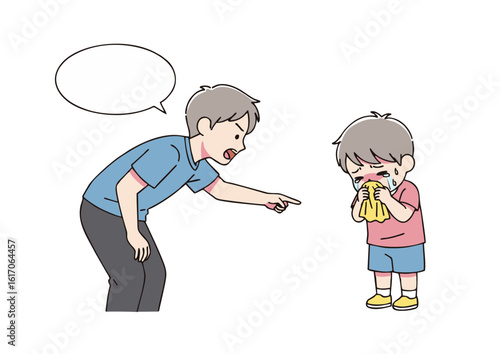 Angry Father Figure Scolding Crying Child with Yellow Handkerchief.