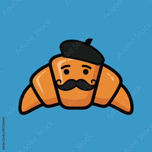 Cartoon French Croissant Character with Beret and Moustache.