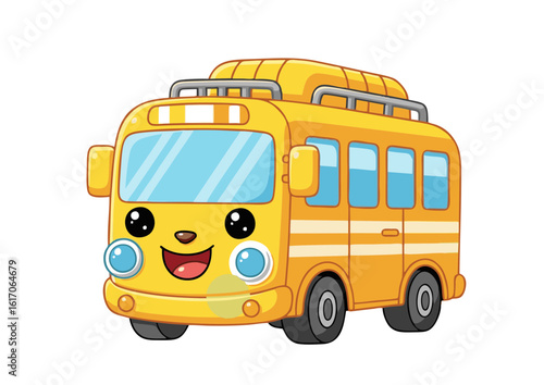 Cheerful Yellow Cartoon School Bus with Happy Face Roof Rack and Big Eyes.