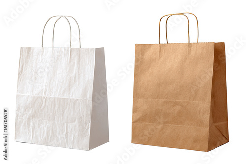 Two blank paper shopping bags, one white, one brown, side-by-side.  Each features simple metal handles
