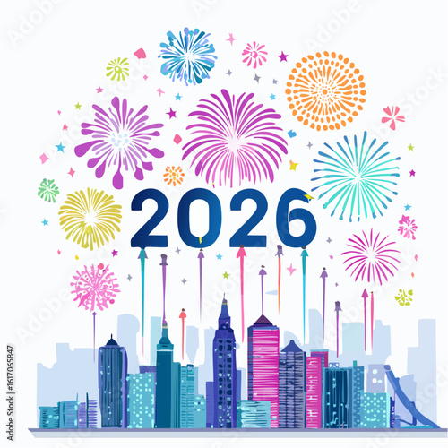 Colorful neon vector of fireworks exploding above a large glowing ‘2026’ sign, urban skyline in silhouette, high energy celebration