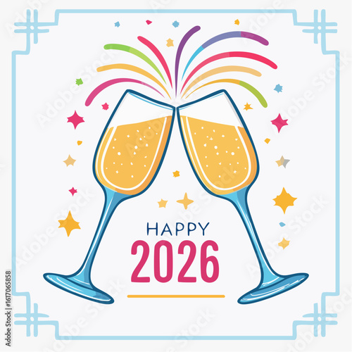 Neon vector design of champagne glasses clinking with glowing ‘Happy 2026’ sparkles around, stylish and elegant celebration scene