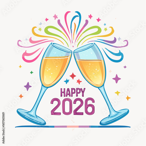 Neon vector design of champagne glasses clinking with glowing ‘Happy 2026’ sparkles around, stylish and elegant celebration scene