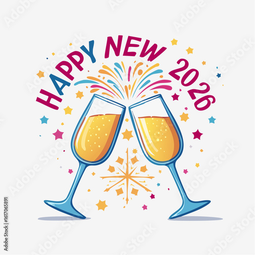 Neon vector design of champagne glasses clinking with glowing ‘Happy 2026’ sparkles around, stylish and elegant celebration scene