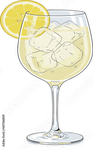 Watercolor illustration of a Gin Fizz cocktail in a tall glass. Cocktail drink watercolor illustration on transparent background.