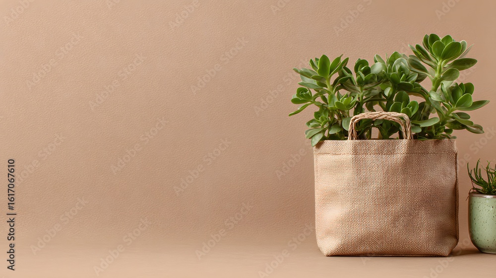 Fototapeta premium Jute tote bag with succulent plant arrangement.