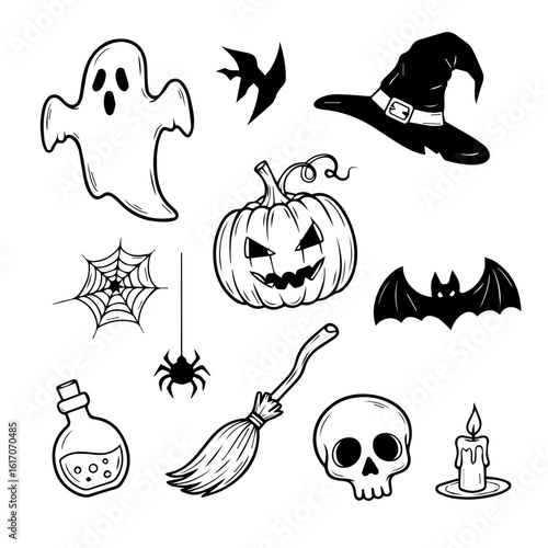 Halloween Doodle Set: Ghost, Pumpkin, Witch Hat, Bat, Skull, Spider, Broom, Candle