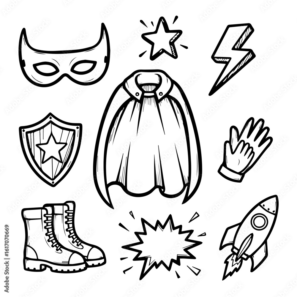 Superhero Costume Set: Mask, Cape, Shield, Boots, Lightning Bolt, Star, Rocket, Gloves, Explosion Superhero Costume Set: Mask, Cape, Shield, Boots, Lightning Bolt, Star, Rocket, Gloves, Explosion