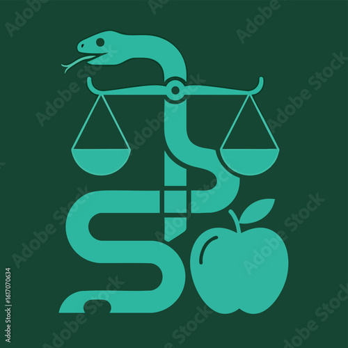 A stylized green snake forming the scales of justice with an apple symbol.