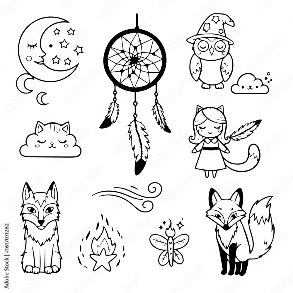 Fototapeta premium Whimsical Boho-Inspired Line Art Collection with Animals and Celestial Elements