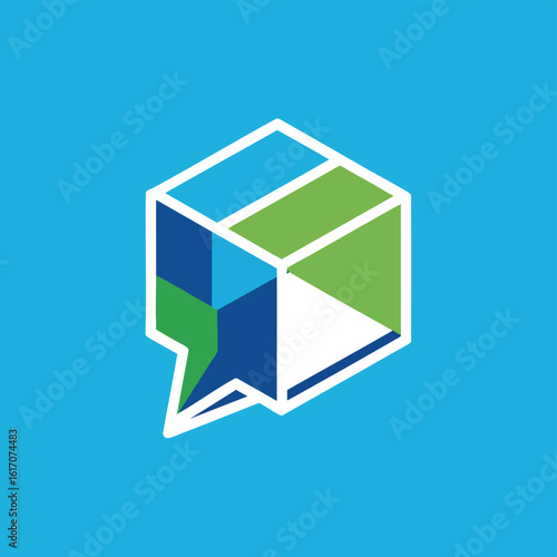 Abstract Cube with Speech Bubble Tail in Blue and Green.