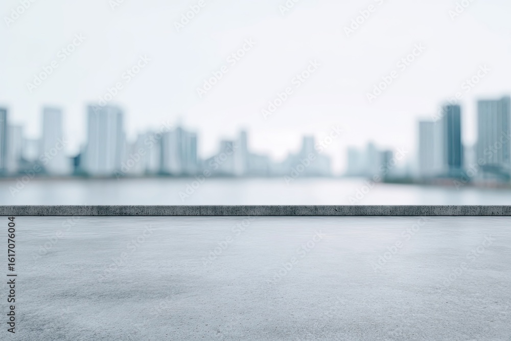 Obraz premium Empty concrete platform overlooking a blurred cityscape