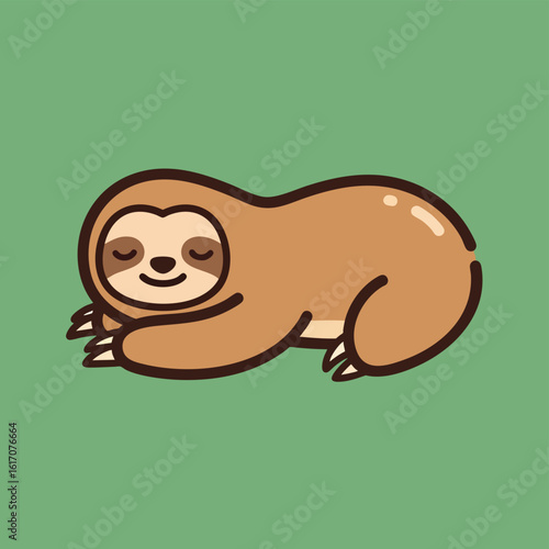 Cartoon Sloth Sleeping Peacefully on Green Background.