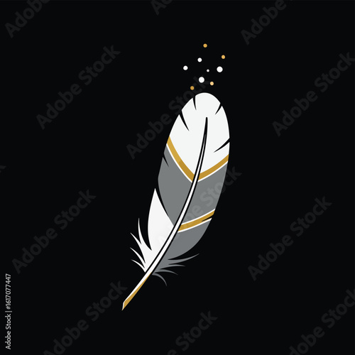 Stylized Feather with Gold Accents and Floating Dots on Black Background.