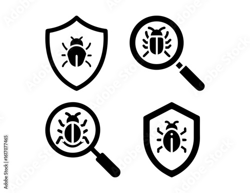 Vector set of antivirus and malware detection shields. Shields with bug symbols and magnifying glass representing antivirus software and malware scanning.