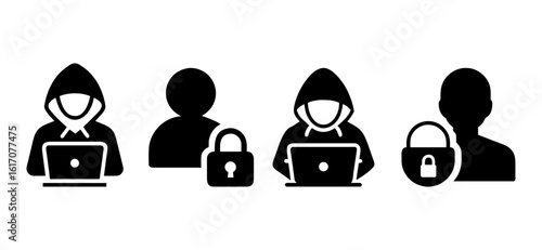 Vector set of hacker and user security icons. Silhouettes of user and hacker with padlock and laptop, representing identity theft and cyber threats.