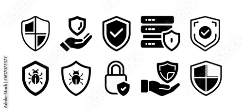 Vector set of internet protection and data safety icons. Hands holding shields, padlock, and cloud with server icons for data protection and IT safety.