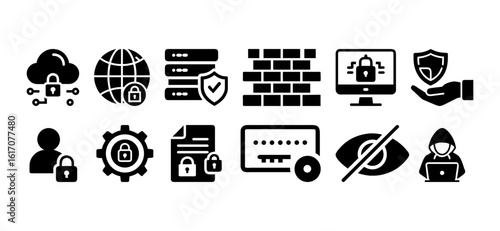 Vector set of internet security and firewall icons. Multiple icons including firewall, shield, server, and password lock for cybersecurity and IT protection.