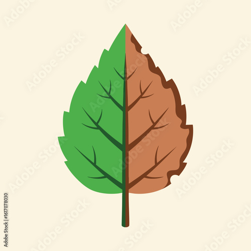Half Green Half Brown Leaf with Damaged Edges Illustration.
