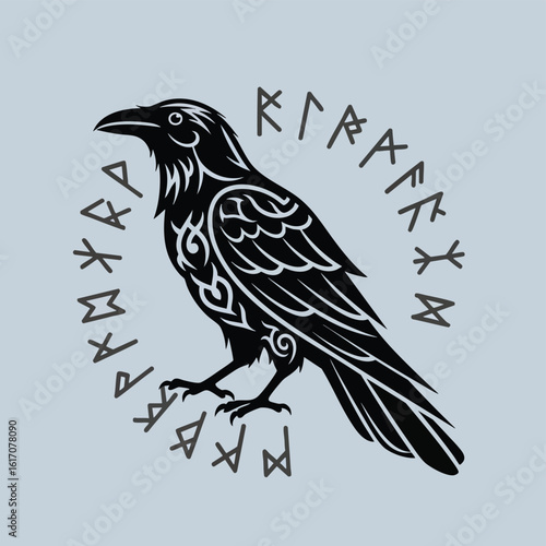 Black Raven with Runes Vector Illustration Silhouette.