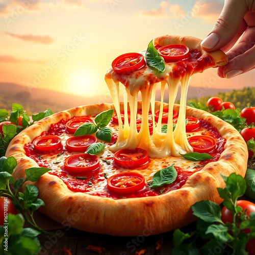 A beautiful and vibrant cinematic photograph of a freshly baked pizza, with a hand gently lifting a slice, creating an impressive and extensive cheese pull. The pizza is topped with bright red tomato 