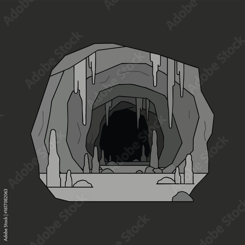 A vector illustration of a dark cave entrance with stalactites and stalagmites.