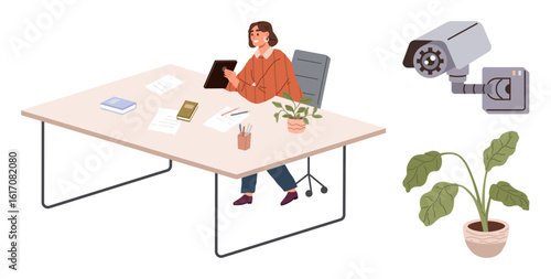 Woman sitting at desk reviewing tablet, papers, books, office supplies, and plants, with a wall-mounted surveillance camera. Ideal for workplace safety, productivity, office environment remote work