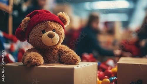 A serene holiday giving drive glowing with donated toys and supplies, volunteers sorting items under warm natural light