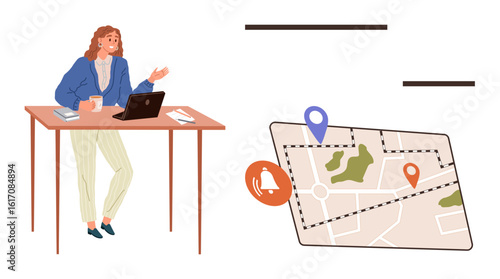 Woman working on laptop at desk while reviewing a digital map with location pins, pathways, and alert symbol. Ideal for navigation, planning, strategy, geographic concepts, workplace, GPS