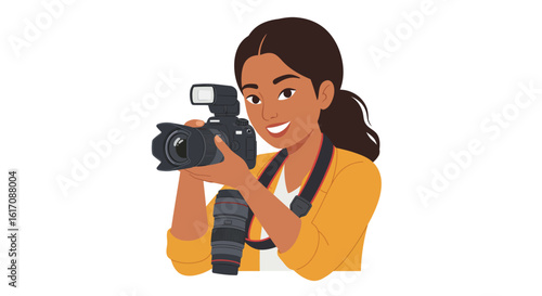 Smiling Woman Holding Professional Digital Camera.