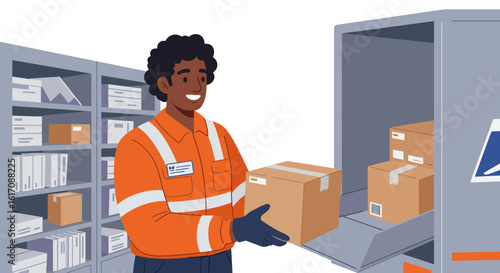 Smiling Delivery Worker Handling Cardboard Package and Boxes.