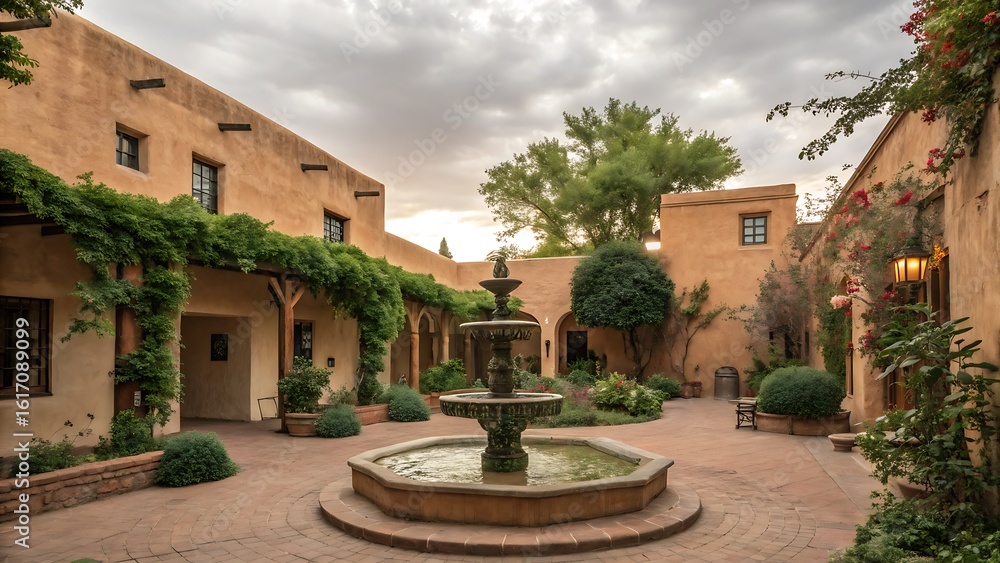Fototapeta premium Courtyard with fountain and adobe buildings under cloudy skies
