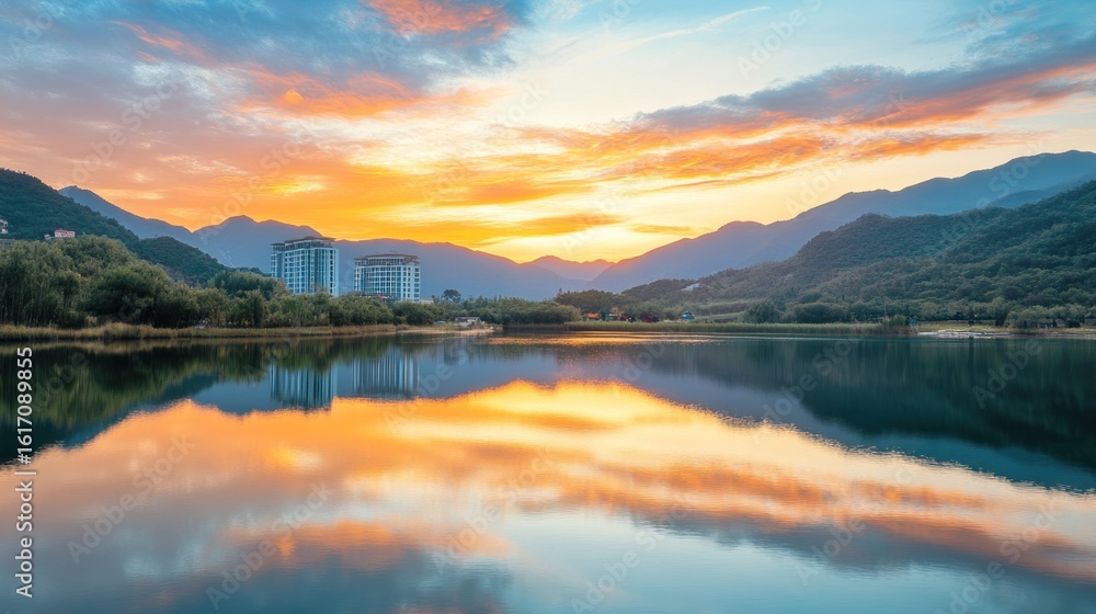 Fototapeta premium Sunrise over lake, mountains, reflection