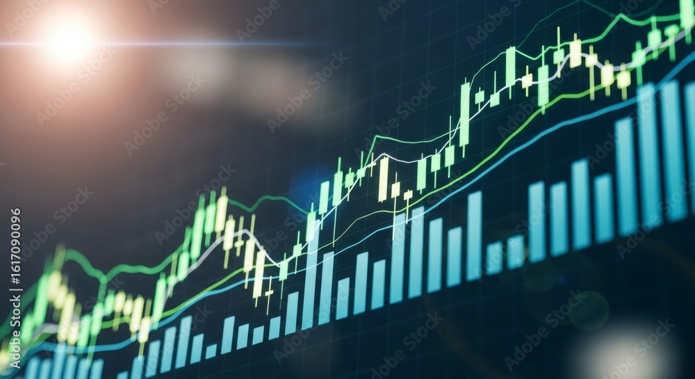Naklejka premium A financial trading chart with uptrending candlesticks and bar graphs