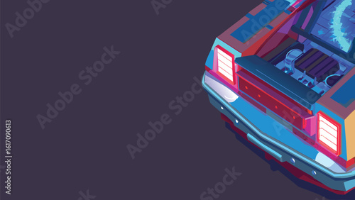 Isometric low poly car with open hood revealing engine components in a futuristic neon color scheme