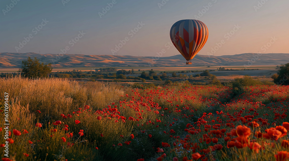 Obraz premium Hot Air Balloon in Poppy Field: A vibrant hot air balloon gracefully ascends over a sprawling poppy field at sunrise, painting a picturesque scene of adventure and serenity.