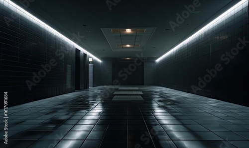 Empty dark corridor with tile walls