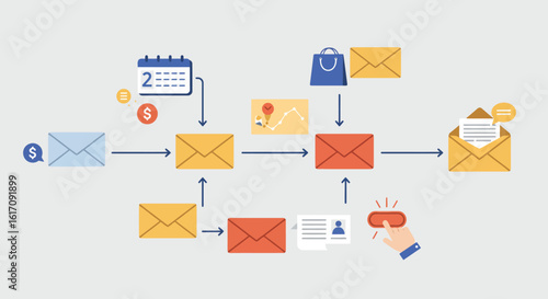 Email Marketing Process Illustrated with Arrows and Icons.
