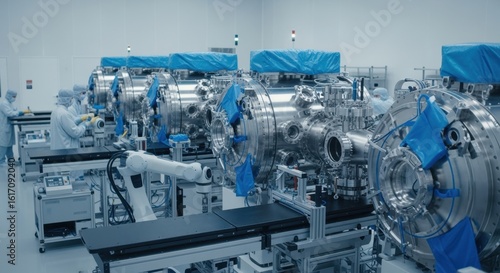 Panoramic interior of a specialized proton therapy facility showing multiple beamline modules lined up for assembly and testing.