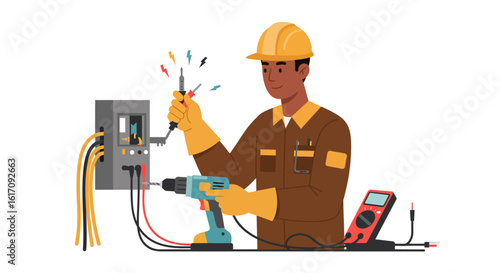 Electrician Working on Electrical Panel with Tools.