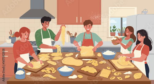 Group of People Preparing Homemade Pasta Together.
